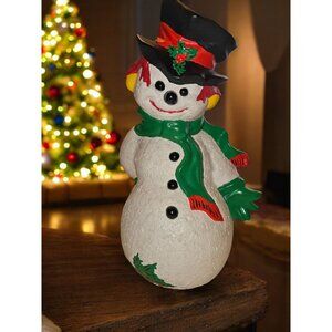 Vintage 1971  Snowman Figurine with Candy Cane & Holly Accents 11" BYRON Ceramic
